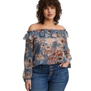 Torrid Blue and Pink Floral Off the Shoulder Blouse Size 22